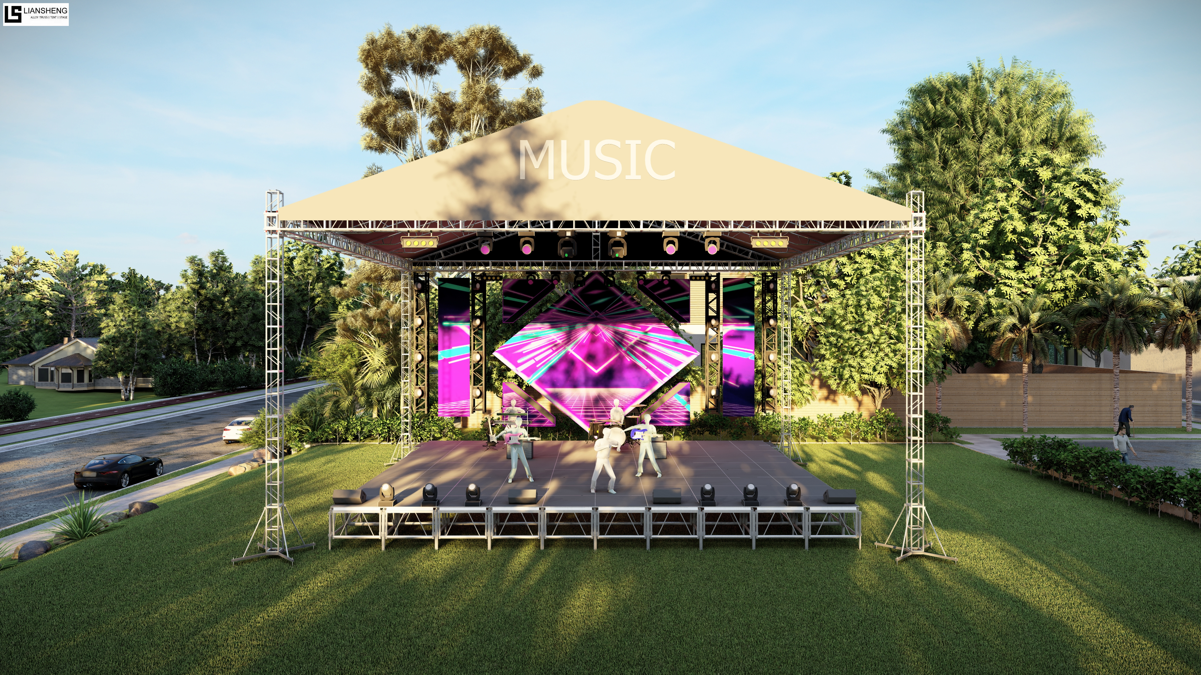 8*6*6 मीटर फ्लैट छत एल्यूमीनियम मिश्र धातु स्पिगोट स्क्रू ट्रस इवेंट कॉन्सर्ट स्टेज